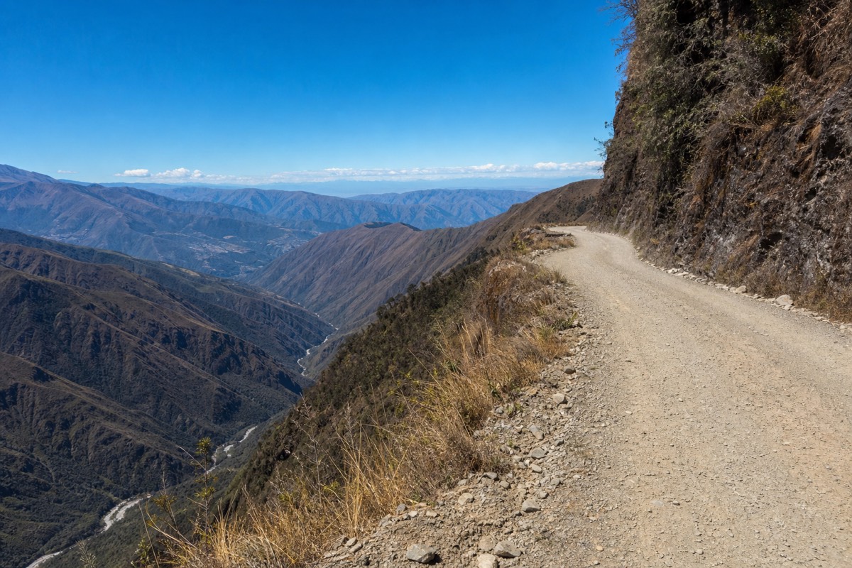 Dry, dusty gravel section of Bolivia's Death Road under clear skies in the dry season