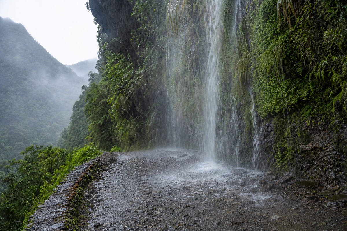 A waterfall spilling across the Death Road