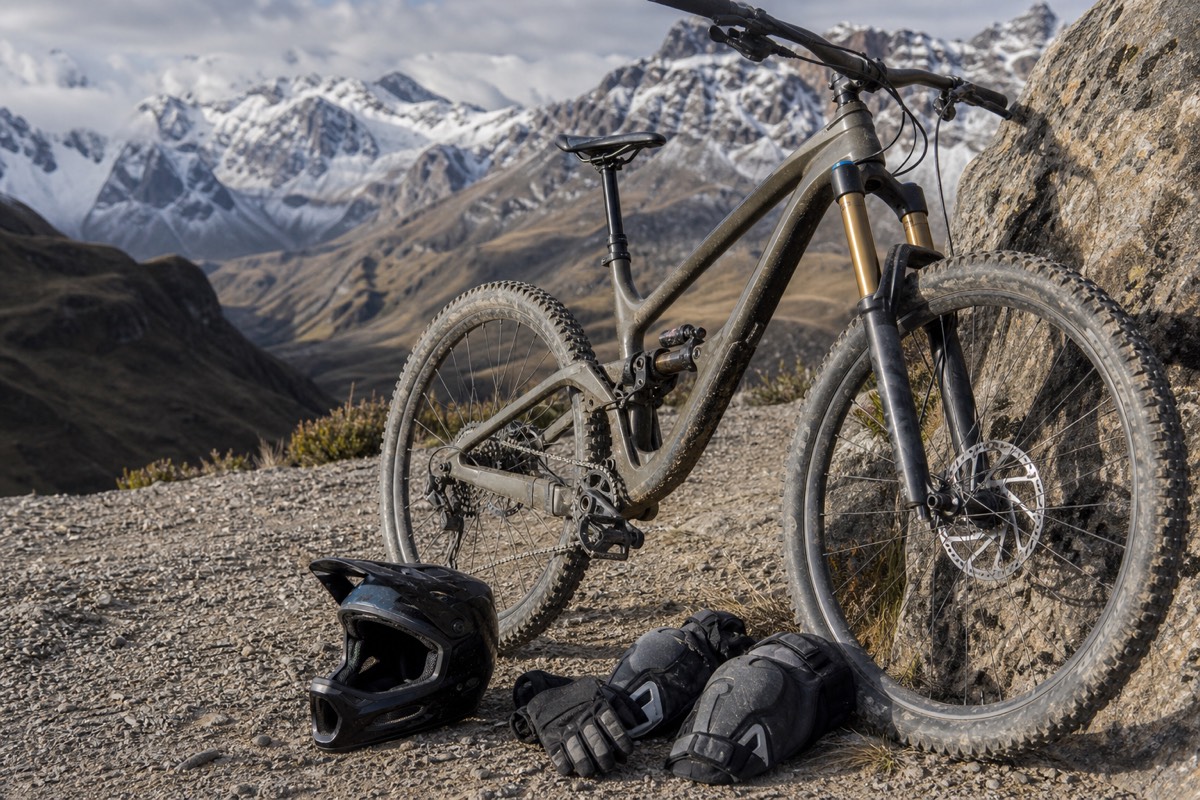 A full-suspension mountain bike and safety gear for the ride