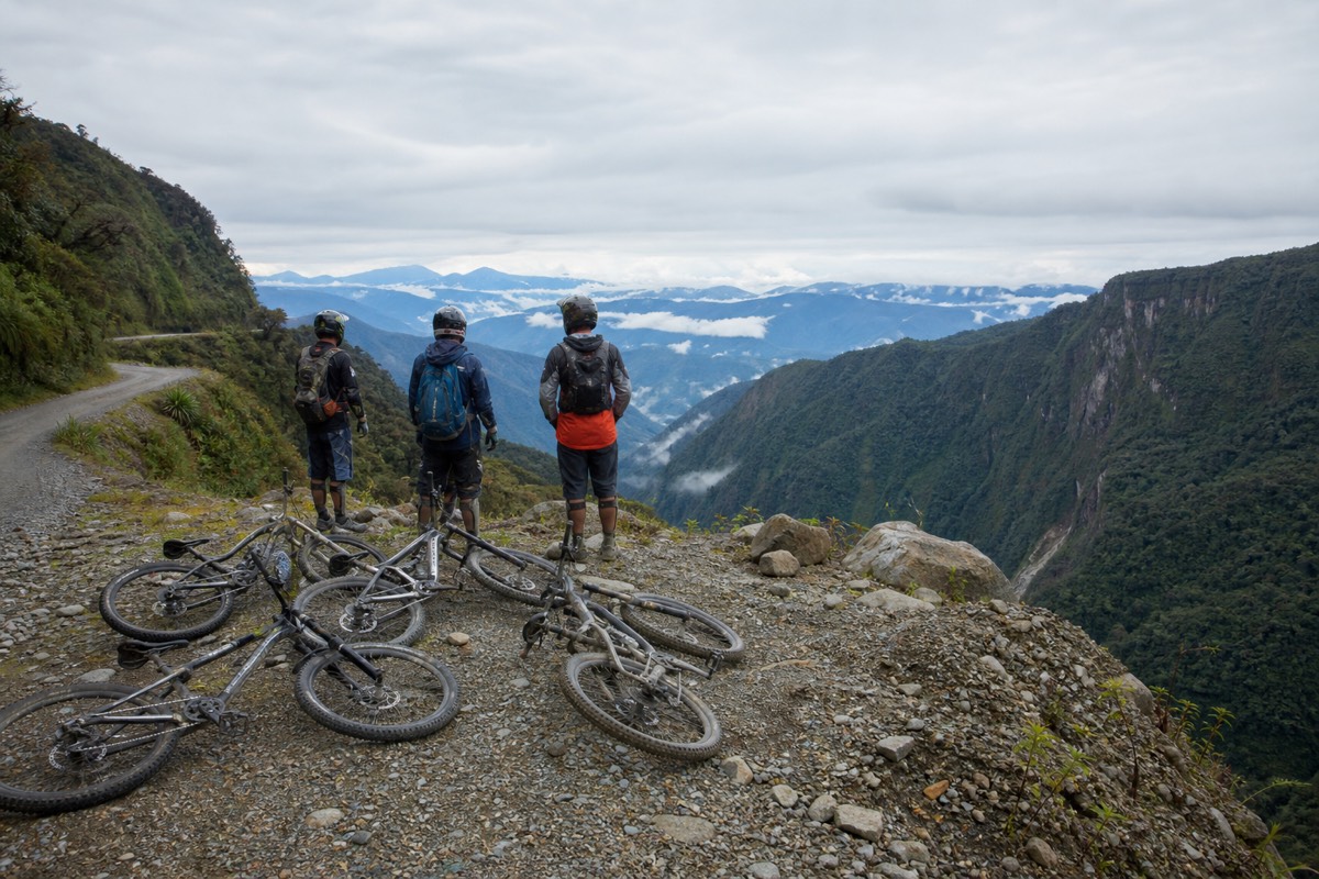 A group of mountain bikers stopped for a rest on Bolivia's Death Road